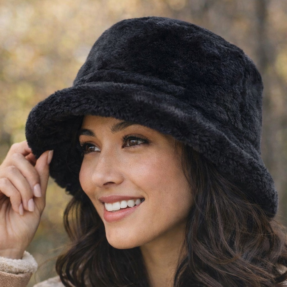 Sprigs Reversible Faux Fur & Sherpa Bucket Hat – Black NWT